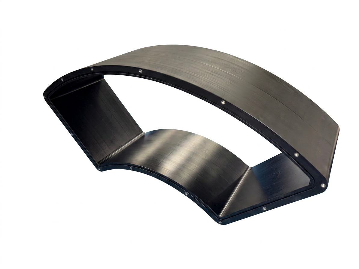 Large black machined plastic curved arched shroud with flanged edges and stainless fasteners