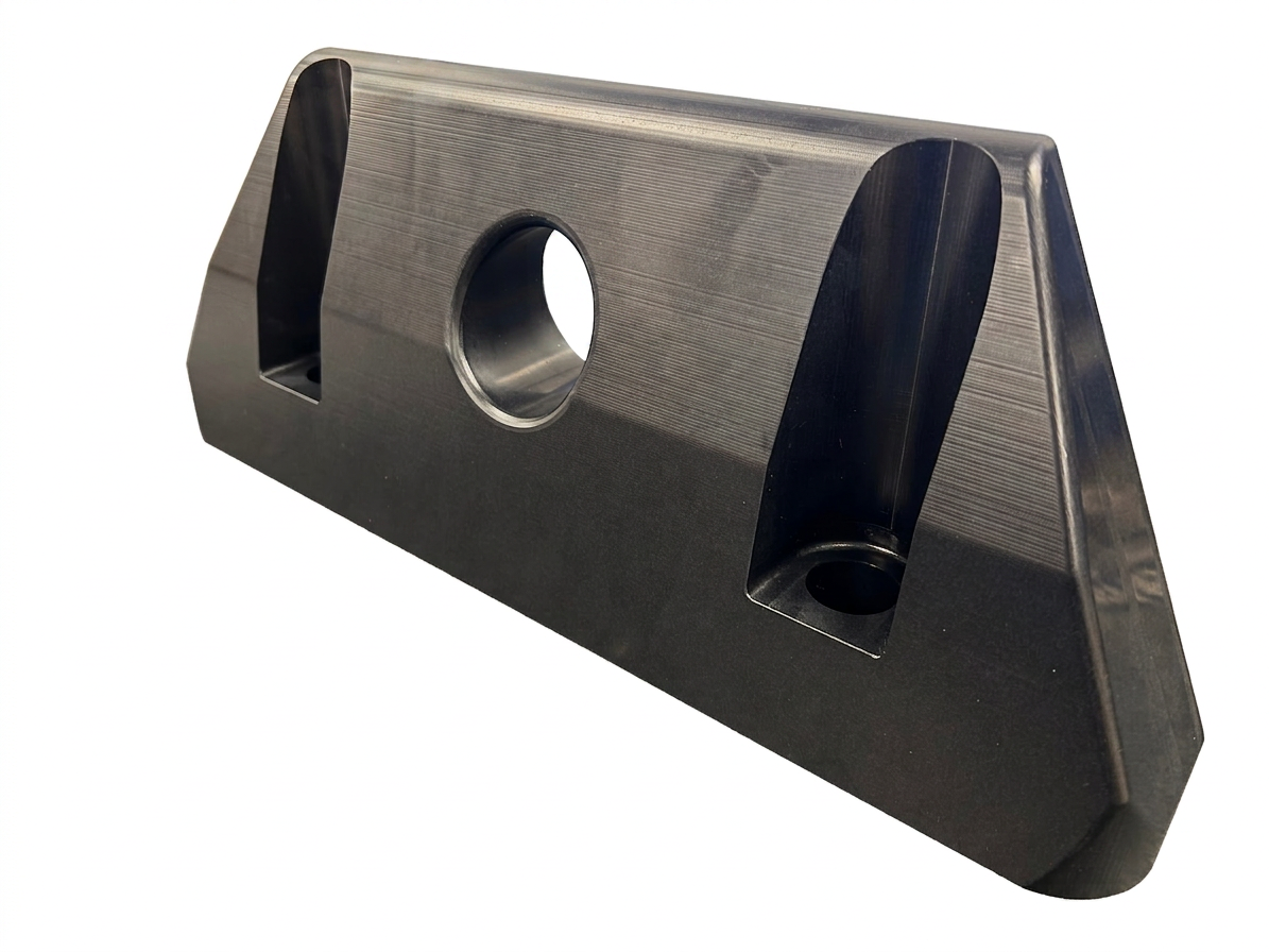 Black machined plastic triangular mounting bracket with central bore and side mounting holes