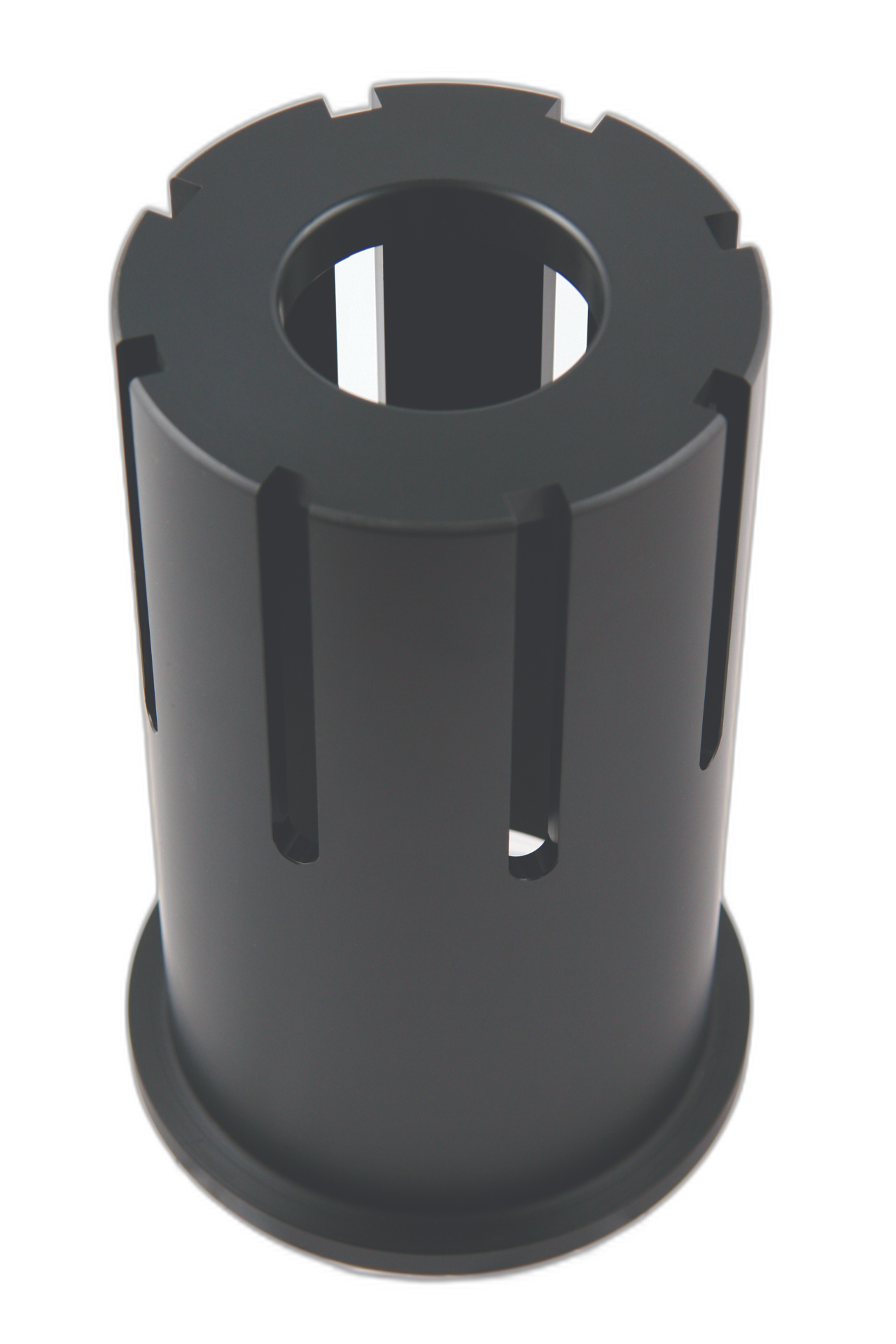 Tall black machined plastic slotted cylindrical sleeve