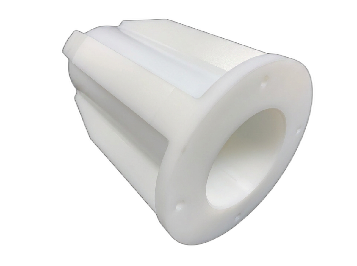 White machined plastic flanged cylindrical part
