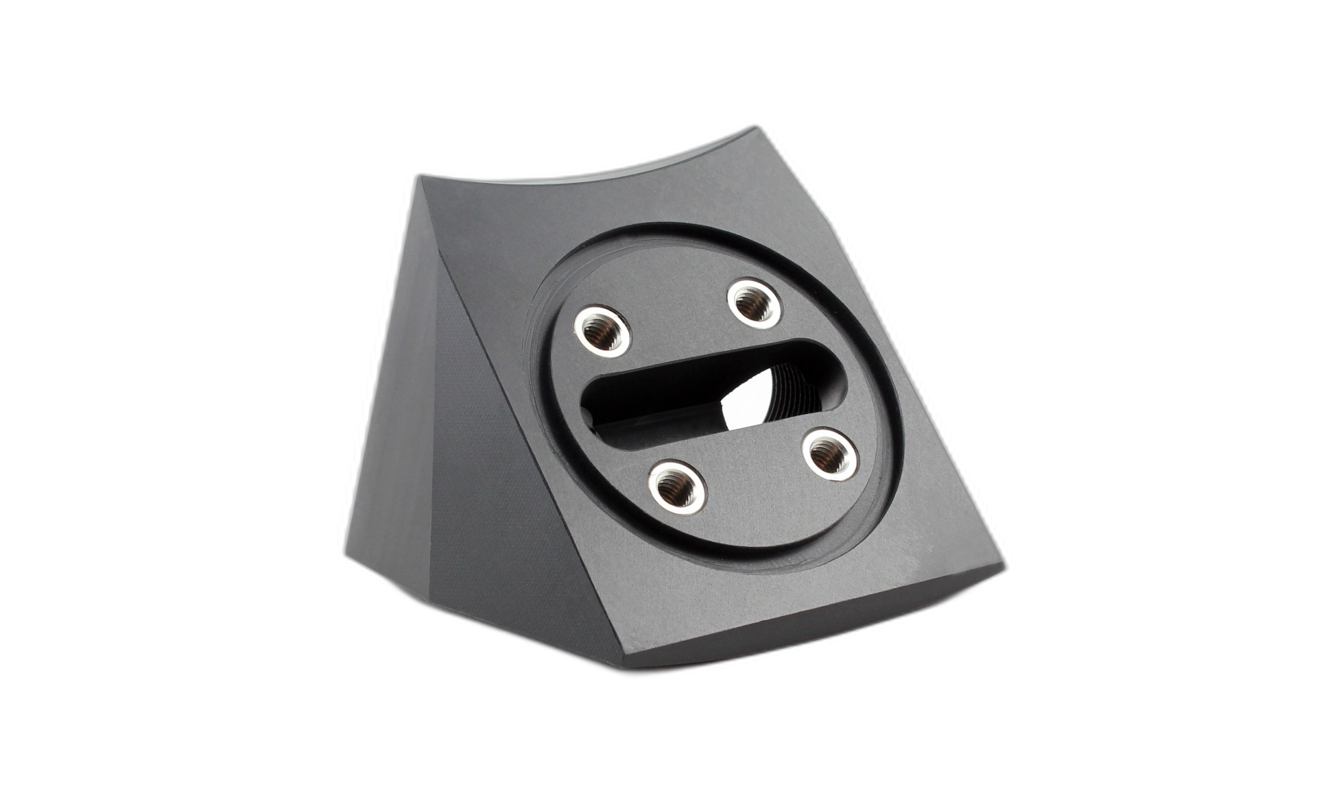 Small black machined plastic angled mounting block with stainless threaded inserts